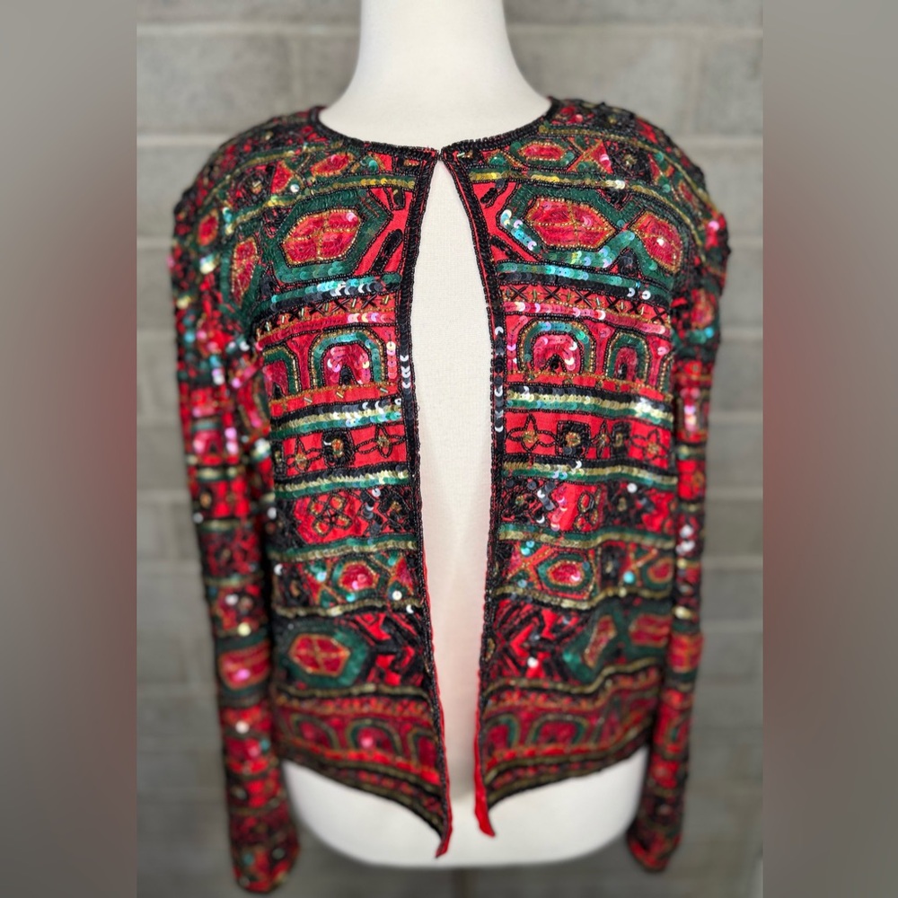 Vintage Papell Boutique Evening Beaded Sequin Jacket Bolero Red Art Deco Glam - Picture 7 of 9